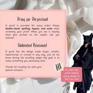 May include: A pink card with text about proofing and revisions for custom designs. The text includes "Proof for Perfection!" and "Unlimited Revisions!" A woman is holding a black dog. The artist's name is Cat, from The Cat Lab.