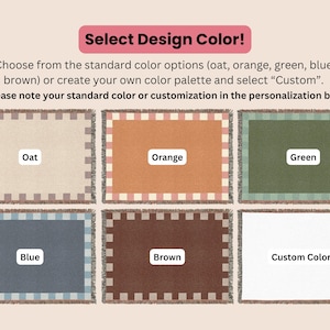 May include: Image showcasing a selection of woven blankets in various colors: oat, orange, green, blue, brown, and custom colors. Each blanket features a gingham border and fringe. Text prompts the viewer to select a design color.