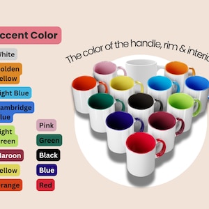 May include: White ceramic mugs with various accent colors, including red, blue, and green, displayed on a light background. The text "Accent Color" and "The color of the handle, rim & interior" are also visible.