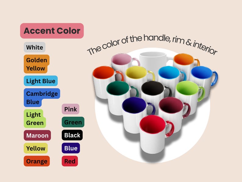 May include: White ceramic mugs with various accent colors, including red, blue, and green, displayed on a light background. The text "Accent Color" and "The color of the handle, rim & interior" are also visible.