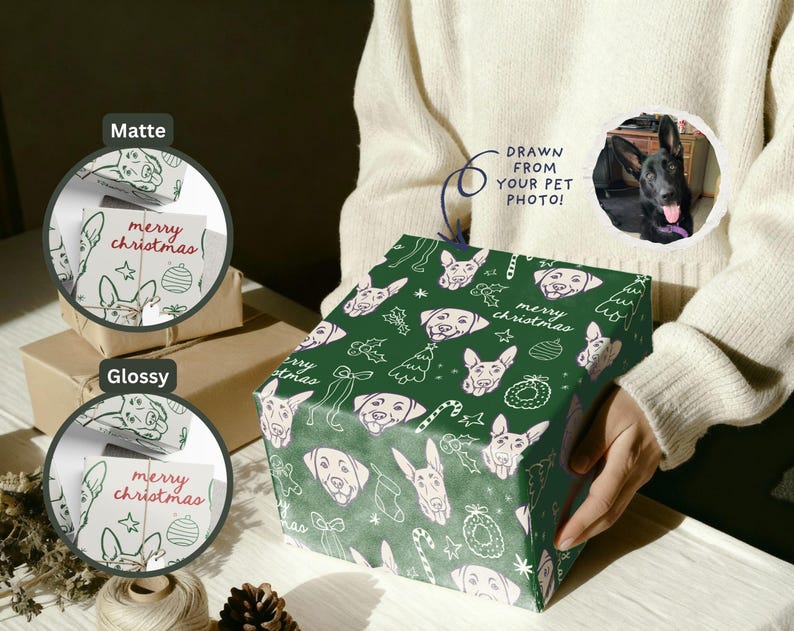 May include: A square gift box wrapped in dark green paper featuring a repeating white line-art pattern of dog faces, Christmas trees, and ornaments with the text merry christmas. Includes a circular inset showing a black dog photo.