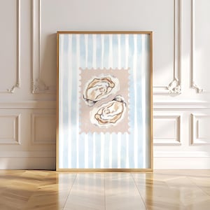 Oyster Shell Art - Preppy Aesthetic, Blue Nautical Stripes, Coastal Summer Wall Art, Digital Download, Printable