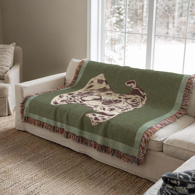 May include: A green throw blanket with a cream-colored abstract design draped over a white sofa. The blanket has a fringed edge with brown, orange, and cream accents. The sofa is in a room with a window overlooking a snowy landscape.
