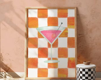 Checkered Martini Print - Pink Bar Cart Decor, Digital Download, Printable