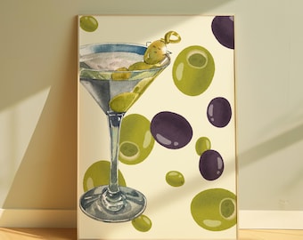 Impression Dirty Martini (Olive) |  Affiche cocktail rétro, décoration de chariot de bar, oeuvre d'art imprimable, téléchargement numérique