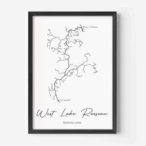 Carte du lac West Rosseau, Lacs Muskoka, Carte de Muskoka, Ontario, Cadeau de chalet, Art mural de Muskoka, Décor de Muskoka, Minett, Port Sandfield, Rosseau