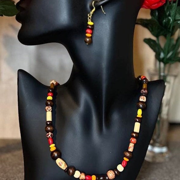 Ethnic Tribal African Beaded Jewellery Set, Women's Statement Eye-Catching Earrings Necklace, Cultured Colourful Tropical Dangle-Drop Bead