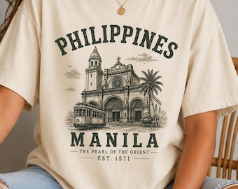 Koszula Comfort Color Vintage Manila Philippines, koszulka Filipino Pride, prezent podróżny na Filipiny, koszulka z ilustracją katedry w Manili na Filipinach