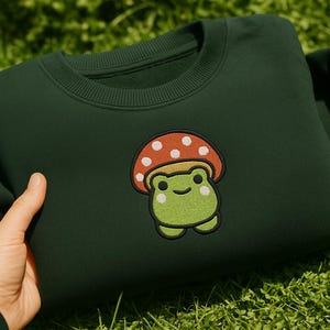 Embroidered Frog Mushroom Hat Sweatshirt, Embroidered Cottagecore Crewneck, Kawaii Frog Sweater, Aesthetic Frog Gift, Cottagecore Clothing