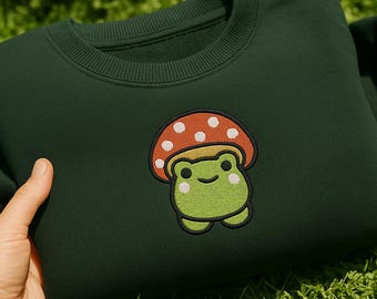 Broderad groda- och svamphatt med tröja, broderad Cottagecore-tröja med rund hals, kawaii grodatröja, estetisk grodagåva, Cottagecore-kläder