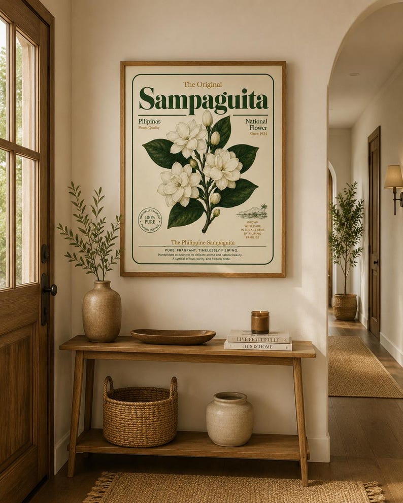 May include: A framed botanical wall art print titled The Original Sampaguita, featuring a detailed illustration of white Sampaguita flowers with green leaves on a cream background, surrounded by text including Pilipinas and National Flower.