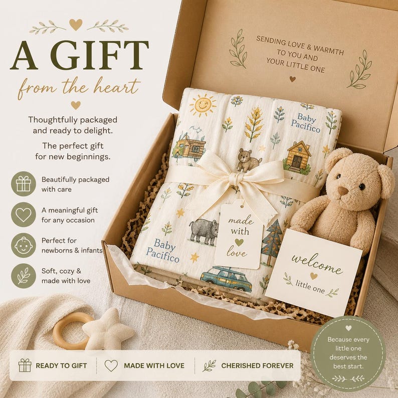 May include: A gift set for a newborn baby, presented in a cardboard box. The set includes a cream-colored blanket with animal and house illustrations, a teddy bear, and a welcome card. The blanket is tied with a cream ribbon.