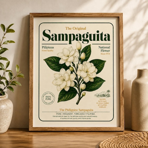 Vintage Sampaguita Wall Art Print Filipino Art, National Flower of the Philippines Decor, Filipino Heritage Gift, Botanical Vintage Poster