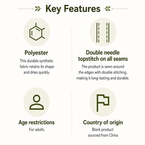 Może przedstawiać: Grafika informacyjna zatytułowana Key Features z czterema okrągłymi ikonami. Ikony przedstawiają tkaninę poliestrową, podw&oacute;jne szwy na wszystkich krawędziach, ograniczenia wiekowe dla dorosłych oraz kraj pochodzenia produktu, Chiny.