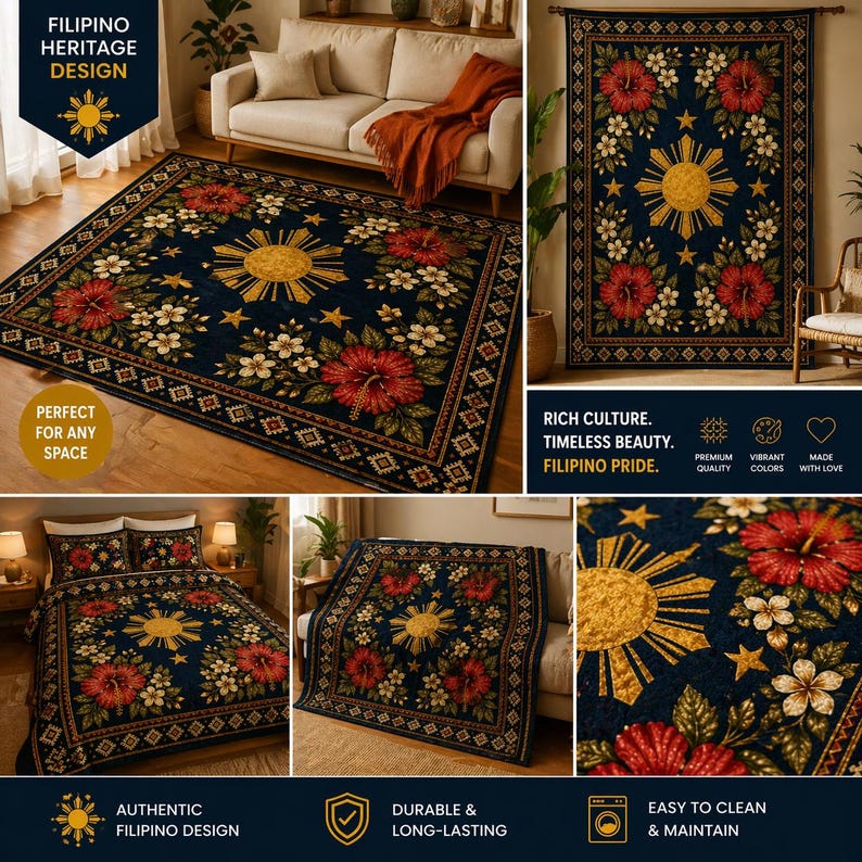 Philippines Sun Hibiscus Rug Home Decor, Gumamela Floral Rug, Filipino ...