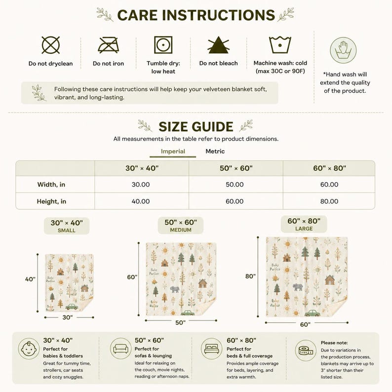 May include: A cream-colored velveteen blanket with a forest pattern, featuring trees, houses, and cars. The image includes care instructions and a size guide with dimensions in inches: 30" x 40", 50" x 60", and 60" x 80".