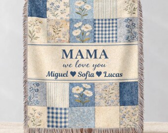 Custom Mama with Kids Name Woven Blanket Gift For Mom, Filipino Gift For Mom, Floral Cottagecore Filipino Woven Blanket, First Time Mom Gift