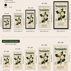 May include: A size chart for Sampaguita wall art prints, displaying framed and unframed options in various dimensions from 8 by 10 inches to 18 by 24 inches. The chart includes illustrations of white flowers with green leaves and text labels.