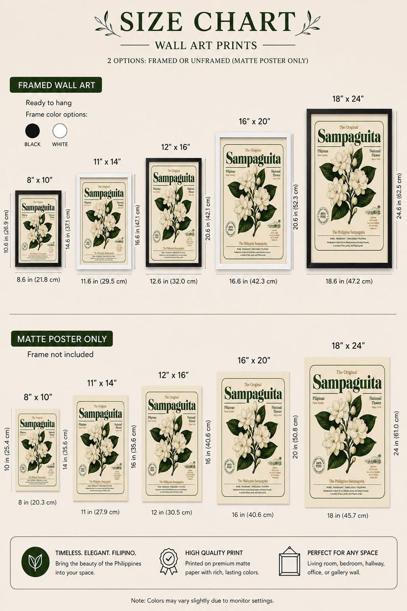 May include: A size chart for Sampaguita wall art prints, displaying framed and unframed options in various dimensions from 8 by 10 inches to 18 by 24 inches. The chart includes illustrations of white flowers with green leaves and text labels.