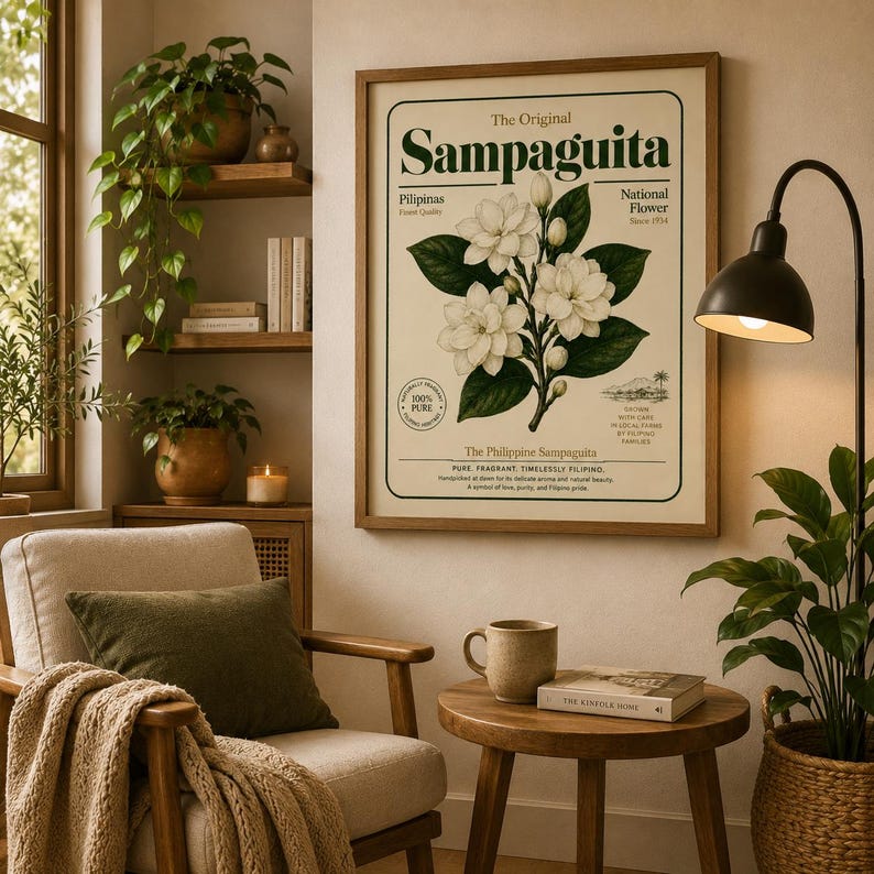 May include: A framed botanical wall art print featuring a central illustration of white Sampaguita flowers with green leaves. The text reads The Original Sampaguita, Pilipinas National Flower, and The Philippine Sampaguita on a cream background.