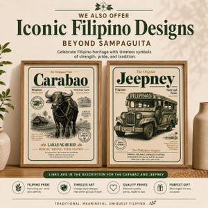 May include: Two framed posters featuring vintage-style illustrations of a Carabao and a Jeepney. The Carabao print includes text like 'Carabao' and 'Lakas ng Bukid', while the Jeepney print features 'Jeepney' and 'Pilipinas' with detailed line art.