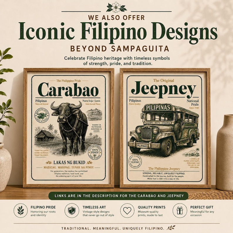 May include: Two framed posters featuring vintage-style illustrations of a Carabao and a Jeepney. The Carabao print includes text like 'Carabao' and 'Lakas ng Bukid', while the Jeepney print features 'Jeepney' and 'Pilipinas' with detailed line art.