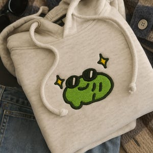 Embroidered Cool Frog Funny Hoodie, Cute Cottagecore Frog Hoodie, Kawaii Frog Hoodie Gift for Him, Aesthetic Frog Embroidery Hoodie