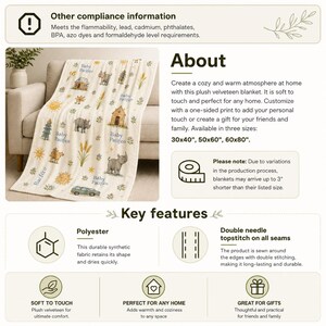 May include: Cream-colored plush velveteen blanket with a one-sided print featuring houses, suns, cars, and animals. The blanket is made of polyester and is available in three sizes: 30x40 inches, 50x60 inches, and 60x80 inches.