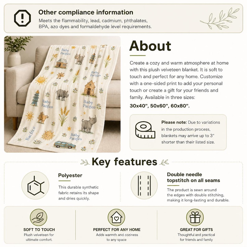 May include: Cream-colored plush velveteen blanket with a one-sided print featuring houses, suns, cars, and animals. The blanket is made of polyester and is available in three sizes: 30x40 inches, 50x60 inches, and 60x80 inches.
