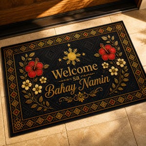 May include: Black rectangular doormat with a decorative border and floral accents. The mat features the words "Welcome sa Bahay Namin" in gold script, along with a sunburst and hibiscus flowers. The mat is placed in front of a wooden door.