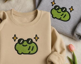 Embroidered Funny Cool Frog Sweatshirt, Cute Cottagecore Frog Sweater, Kawaii Frog Crewneck Gift for Her, Aesthetic Frog Embroidery Sweater