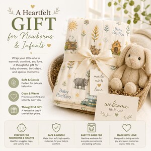 May include: A gift set for newborns and infants, featuring a patterned blanket tied with a ribbon, a stuffed bunny, and a welcome card. The blanket has illustrations of houses, animals, and the text "Baby Pacifico". The set is presented in a woven basket.