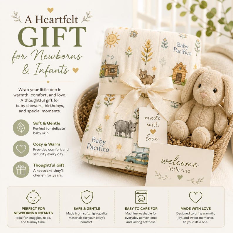 May include: A gift set for newborns and infants, featuring a patterned blanket tied with a ribbon, a stuffed bunny, and a welcome card. The blanket has illustrations of houses, animals, and the text "Baby Pacifico". The set is presented in a woven basket.