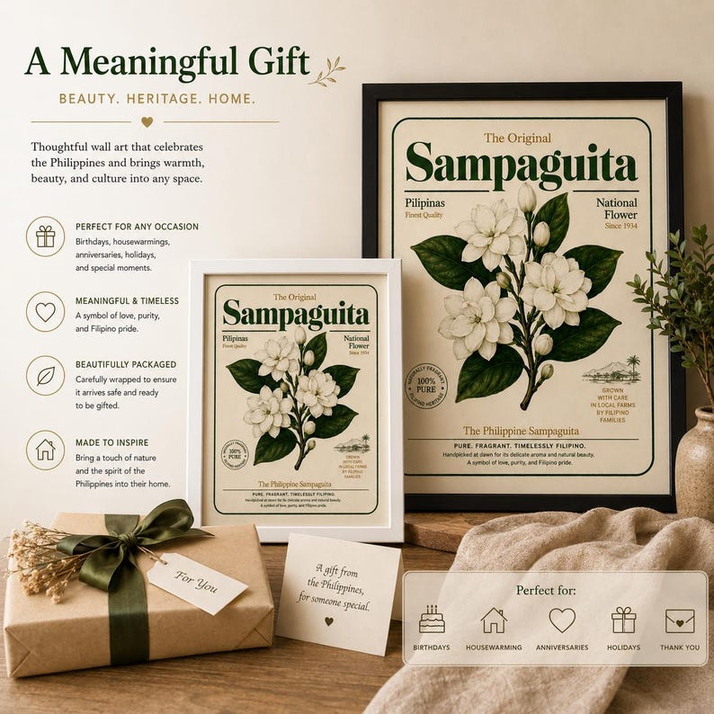 May include: Two framed wall art prints featuring botanical illustrations of white Sampaguita flowers with green leaves on a cream background. The text reads The Original Sampaguita, Pilipinas, National Flower, and The Philippine Sampaguita.