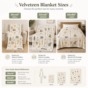 May include: Velveteen blankets in three sizes: 30x40 inches, 50x60 inches, and 60x80 inches. The cream-colored blankets feature a repeating pattern of houses, suns, trees, and animals. The text "Baby Pacifier" is also visible on the blankets.