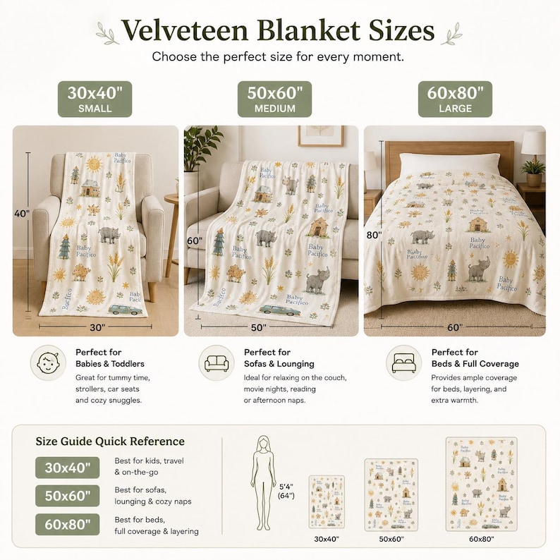 May include: Velveteen blankets in three sizes: 30x40 inches, 50x60 inches, and 60x80 inches. The cream-colored blankets feature a repeating pattern of houses, suns, trees, and animals. The text "Baby Pacifier" is also visible on the blankets.