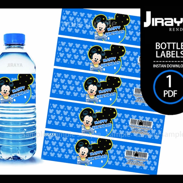 mickey Mouse baby Party Bottle Labels | Instant Digital Download | ETIQUETA AGUA  mickey baby | mickey Party Water Bottle Labels | miky bebe