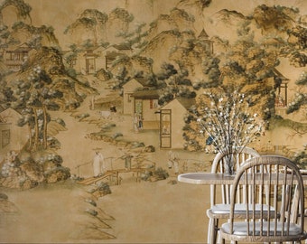Landscape Wallpaper | Vintage Chinoiserie Scenic Wall Mural | Rural Wallpaper Peel and Stick