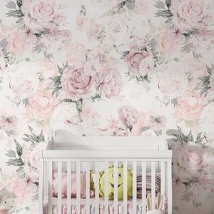 Carta da parati adesiva per bambini, carta da parati murale floreale con peonie, carta da parati floreale per bambini, carta da parati con fiori di peonia rosa per la cameretta dei bambini, carta da parati rimovibile