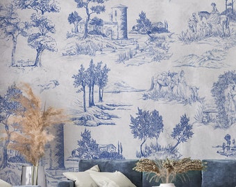 Toile de Jouy Wallpaper: French Landscape Peel and Stick Wall Mural