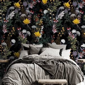 Dark Wild Flower Wallpaper Peel and Stick, Dark Floral Wallpaper, Little Floral Wallpaper, Self Adhesive, Removable Wallpaper