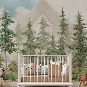 Kids Wallpaper Peel and Stick, Watercolor Kids Forest Wallpaper, Pine Tree Wallpaper, Mountain and Trees Wallpaper, Removable Wallpaper