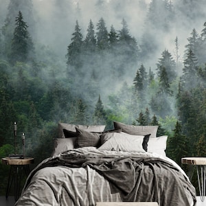 Foggy Forest Wallpaper | Calming Landscape Wall Mural | Removable Peel and Stick