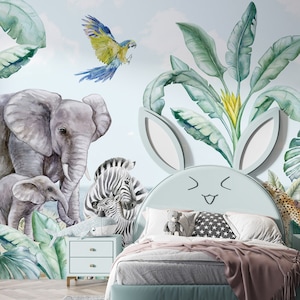 Kids Safari Wallpaper Peel and Stick, Jungle Animals Wallpaper, Safari Wall Decor, Elephant Wallpaper, Childrens Safari Wallpaper