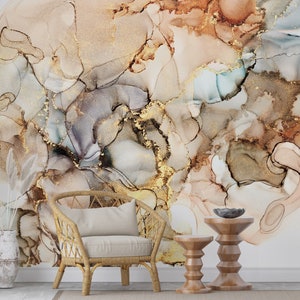 Aardachtig marmeren behang | Abstracte muurschildering goudaders | Schil en plak