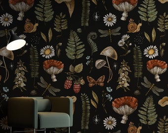 Mushroom Wallpaper Peel and Stick, Dark Botanical Wall Mural, Removable Wallpaper