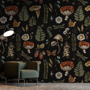 Mushroom Wallpaper Peel and Stick, Dark Botanical Wall Mural, Removable Wallpaper