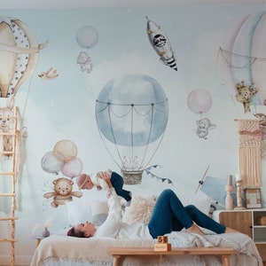 Kids Wallpaper | Flying Animals Wall Mural | Hot Air Balloon | Peel and Stick | Nursery Wallpaper