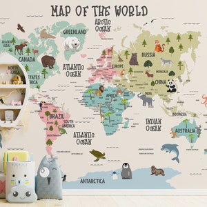 Kids Map Wallpaper Peel and Stick | Educational World Map Wall Mural | Continent Map Wallpaper