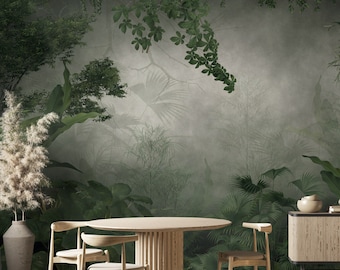 Misty Rainforest Wallpaper Peel and Stick, Tropical Wallpaper, Tropical Forest Wall Mural, Living Room Decor